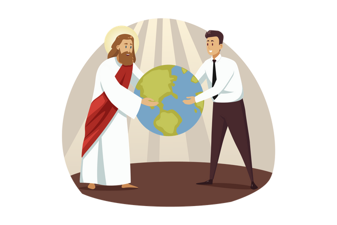 Jesus giving globe to businessman  Illustration