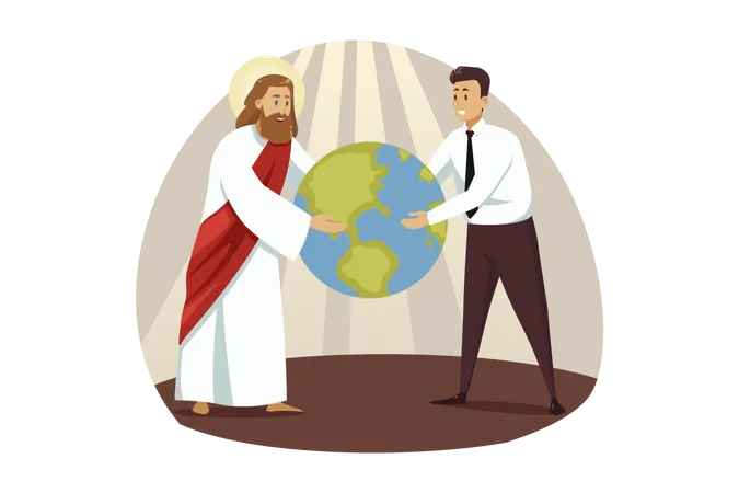 Jesus giving globe to businessman  Illustration