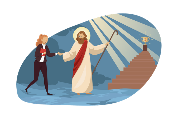 Jesus holding businesswoman hand and give blessings for achieve trophy  Illustration