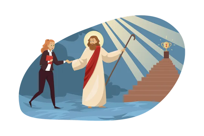 Jesus holding businesswoman hand and give blessings for achieve trophy  Illustration