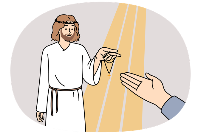 Jesus holds out cross to believer to protect from misfortune  Illustration