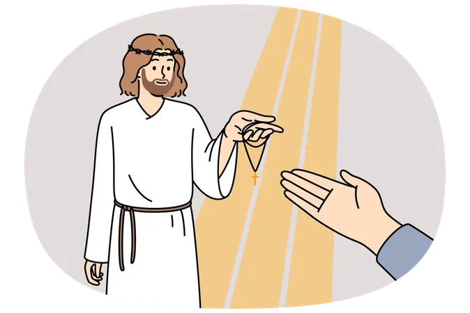 Jesus holds out cross to believer to protect from misfortune  Illustration