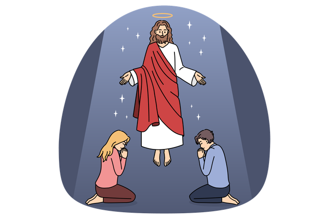 Jesus in roter Kleidung fliegt über sitzende und betende Menschen und kümmert sich um sie  Illustration