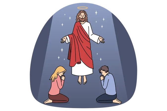 Jesus in roter Kleidung fliegt über sitzende und betende Menschen und kümmert sich um sie  Illustration