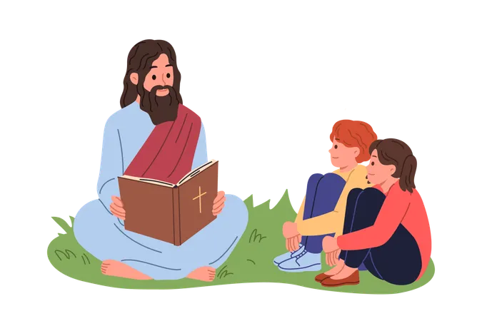 Jesus liest Kindern, die auf dem Rasen sitzen, die Bibel vor und erklärt ihnen die Gebote des Christentums  Illustration