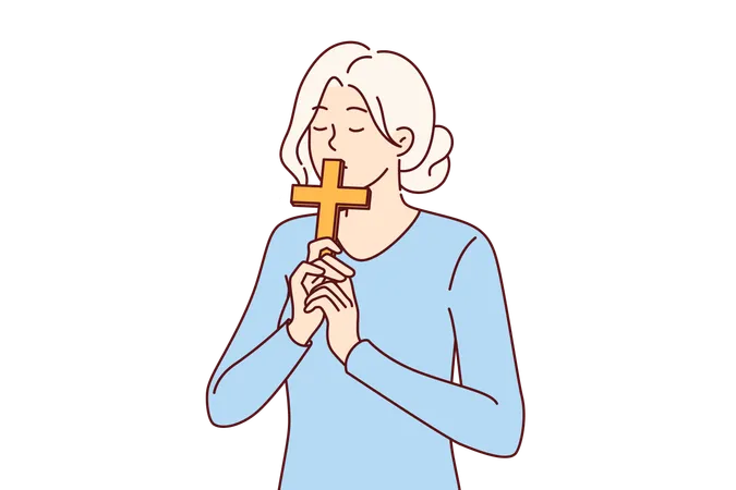 Catholic Woman Kisses Christian Cross Making Ritual Worshiping Religious Shrine And Expressing Respect To Lord Catholic Girl With Crucifix In Hands Thanks God For Remission Sins Or Makes Confession Illustration