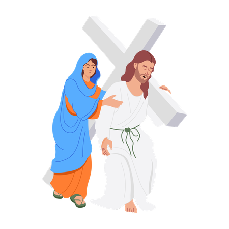 Jesus Mother of Jesus Christ meets him carries cross  Illustration