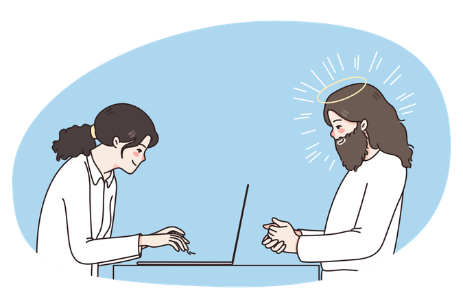 Jesus observando mulher trabalhando em laptop  Ilustração
