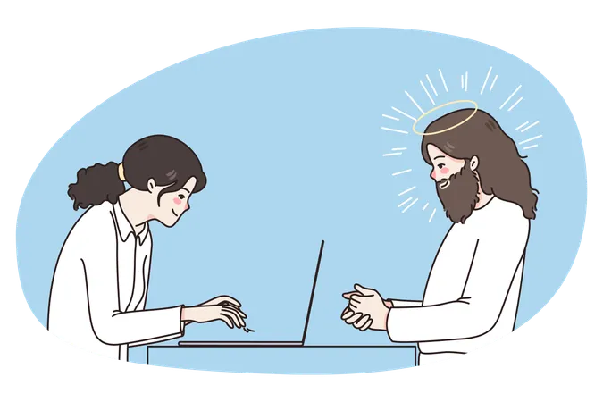 Jesus observando mulher trabalhando em laptop  Ilustração