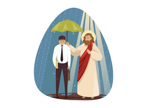 Jesus protect sad businessman  Illustration