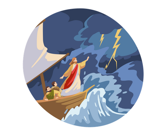 Jésus protège les gens de la marée haute de l'océan  Illustration