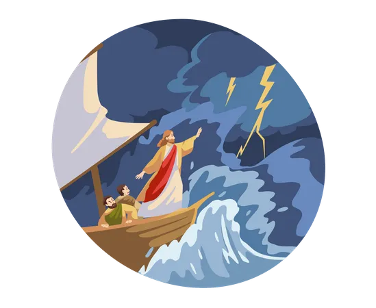 Jésus protège les gens de la marée haute de l'océan  Illustration
