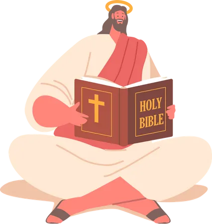 Jesus Religious Character Reading The Bible Holy Book Of Christianity Signifies His Devotion To Scripture And Serves As A Symbol Of His Teachings And Spiritual Guidance Cartoon Vector Illustration Illustration