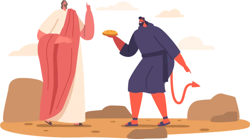 Jesus Resists Devils Temptations Of Bread During His 40 Day Fast In The Desert Demonstrating His Spiritual Strength And Commitment To His Divine Mission Cartoon People Vector Illustration Illustration