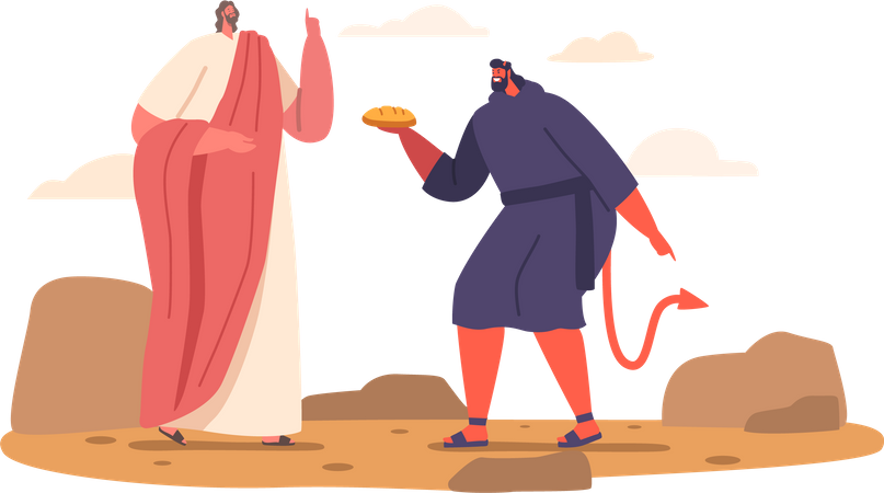 Jesus resistiu à oferta de pão de Satanás durante a tentação no deserto  Ilustração