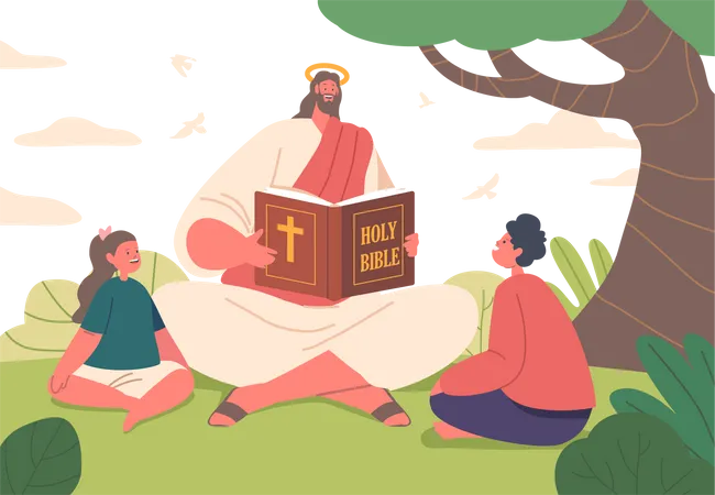 Jésus assis sur le terrain et partageant des histoires intemporelles  Illustration