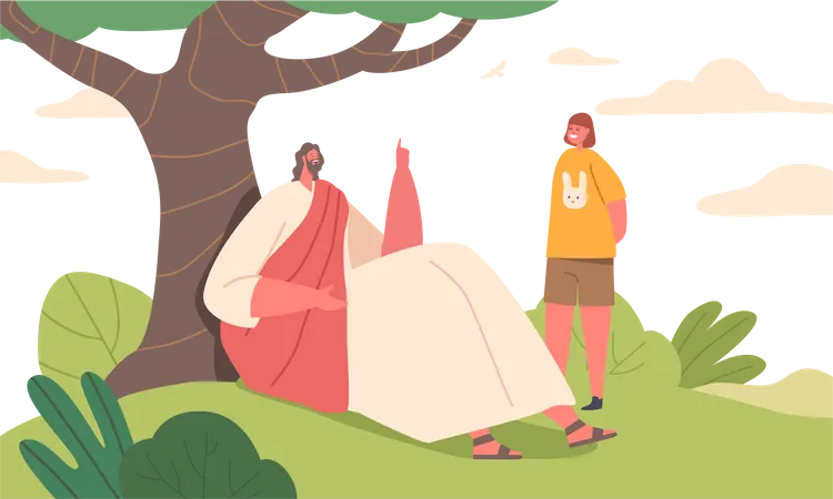 Jesus seated under tree while shares tales to kid  Illustration