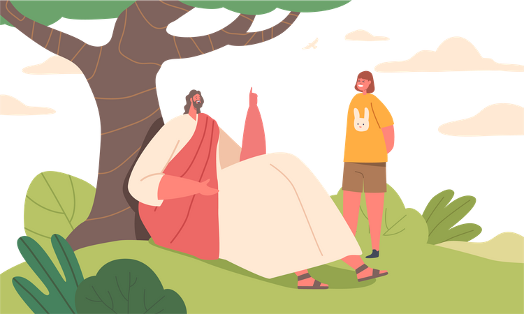 Jesus seated under tree while shares tales to kid  Illustration