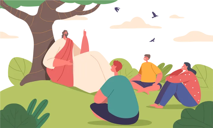 Jesus seated under tree while shares tales to kids  Illustration