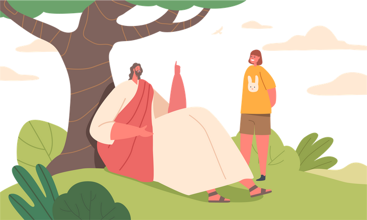 Jesus sentado debaixo de uma árvore enquanto conta histórias para criança  Ilustração