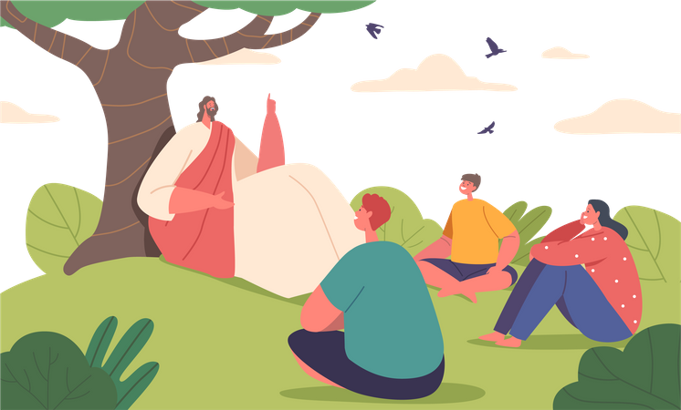 Jesus sentado debaixo de uma árvore enquanto conta histórias para crianças  Ilustração