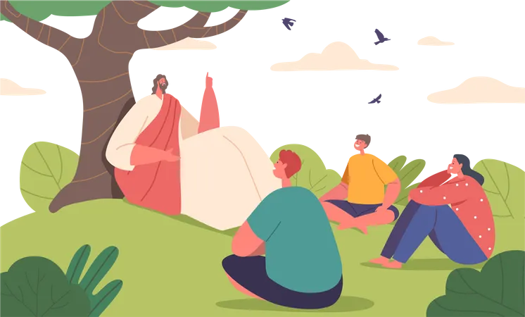 Jesus sentado debaixo de uma árvore enquanto conta histórias para crianças  Ilustração