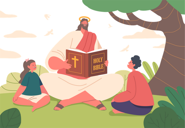 Jesus sentado no campo e compartilhando histórias atemporais  Ilustração