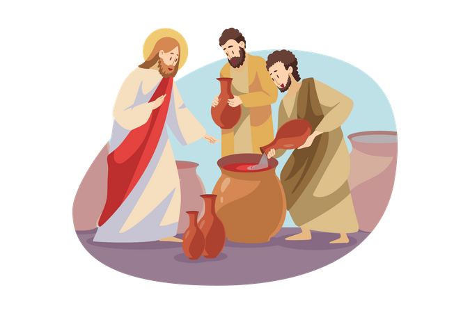 Jesús transforma el agua en vino en las bodas de Caná  Ilustración