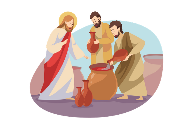 Jesus Transforms Water To Wine At Wedding In Cana  イラスト