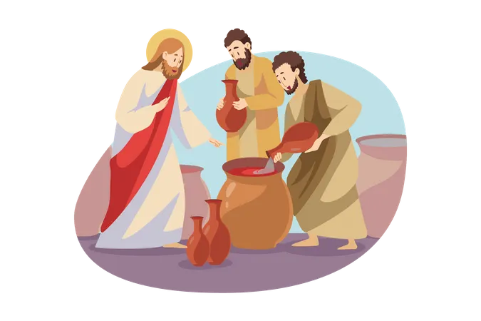 Jesus Transforms Water To Wine At Wedding In Cana  Illustration