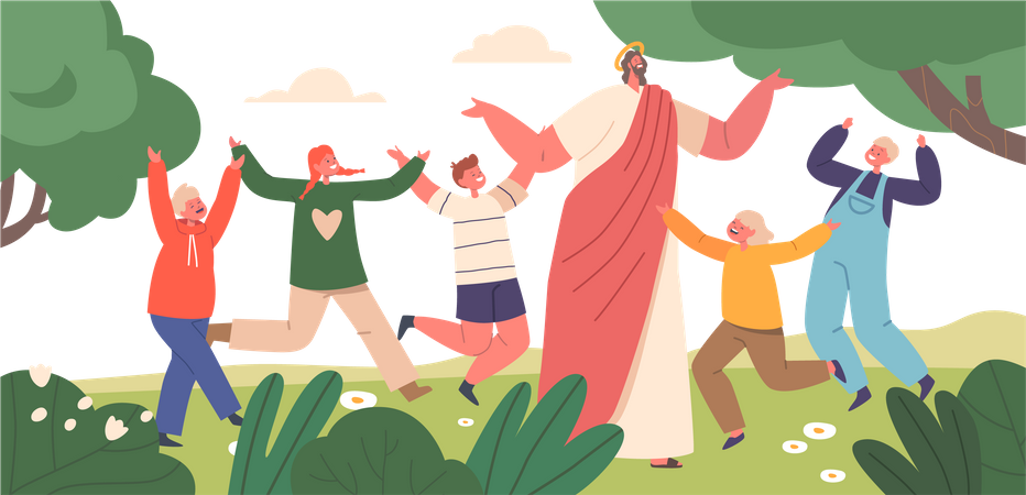 Jesus und Kinder auf sonnigem Feld  Illustration