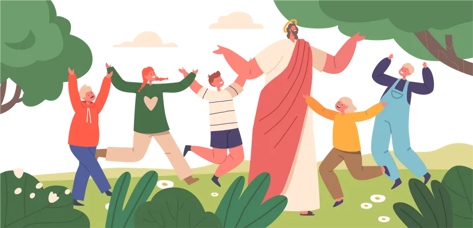 Jesús y los niños en el campo soleado  Ilustración