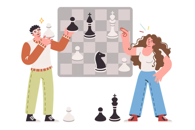 Le jeu d'échecs entre l'homme et la femme symbolise la planification stratégique en équipe des processus commerciaux  Illustration