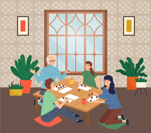 Famille jouant au jeu de bingo et de loto à table  Illustration