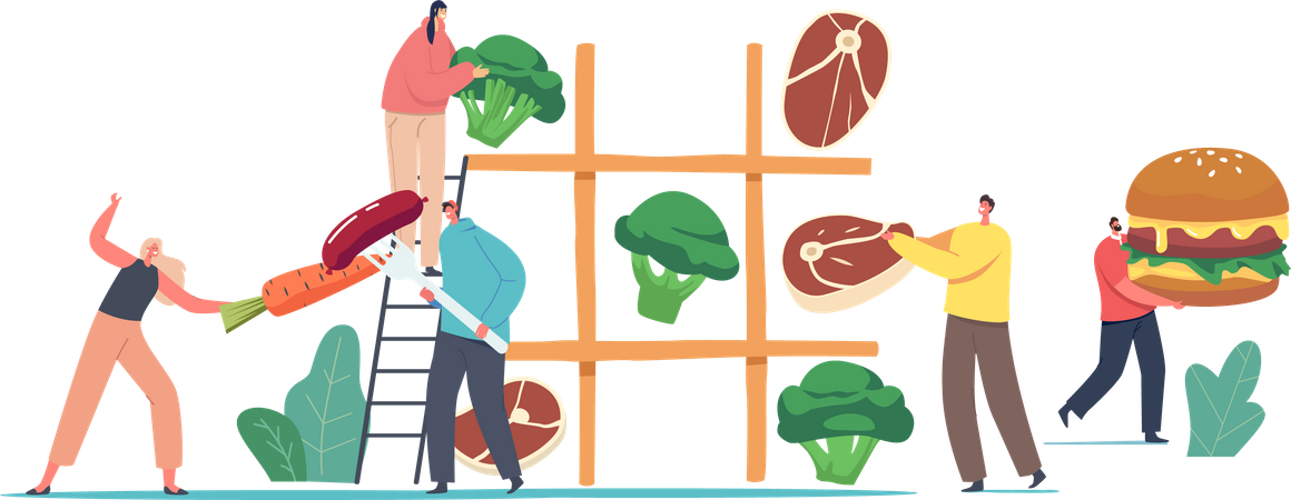 Jeu de tic-tac-toe avec aliments végétariens et aliments non végétariens  Illustration