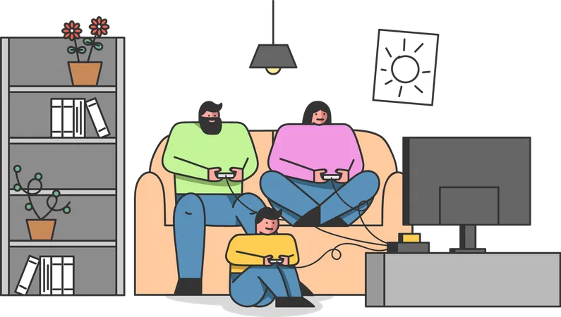 Famille jouant à un jeu en ligne  Illustration
