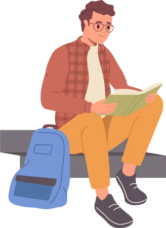 Jeune adolescent étudiant personnage livre de lecture pendant les pauses  Illustration