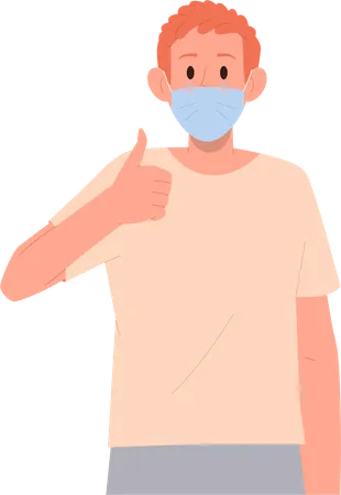 Jeune adolescent portant un masque médical et montrant un geste correct  Illustration