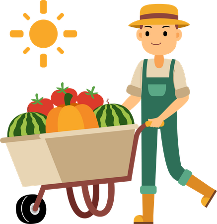 Jeune agriculteur poussant une brouette de légumes et de fruits  Illustration