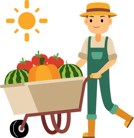 Jeune agriculteur poussant une brouette de légumes et de fruits  Illustration