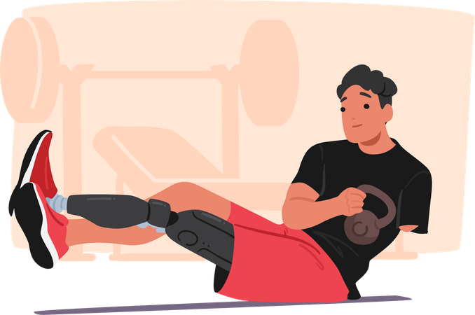 Un jeune athlète avec une jambe prothétique s'entraîne dans une salle de sport  Illustration