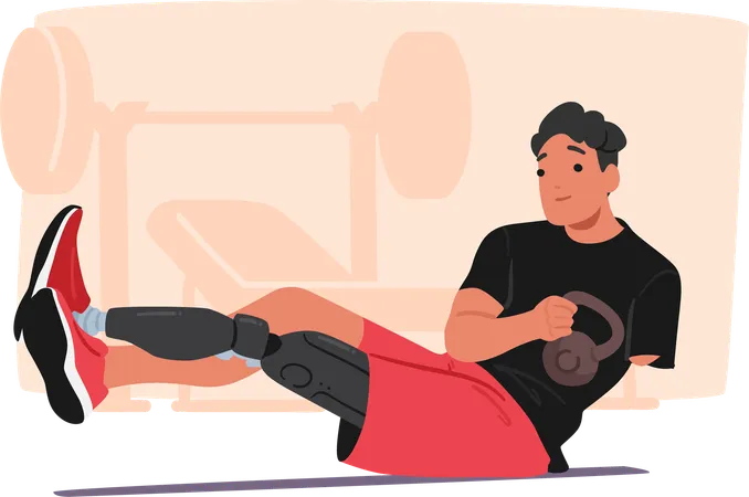 Un jeune athlète avec une jambe prothétique s'entraîne dans une salle de sport  Illustration