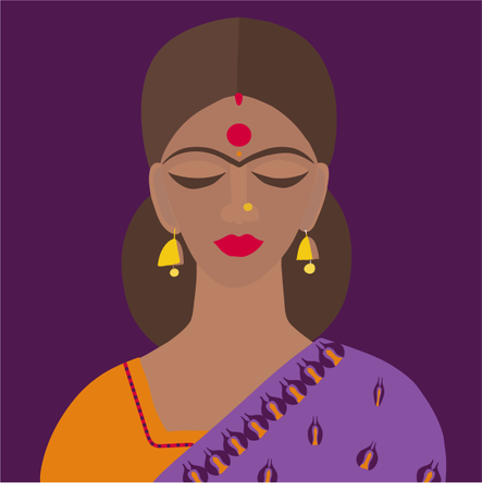Jeune femme indienne de style dessin animé en vêtements traditionnels sari et dupatta  Illustration