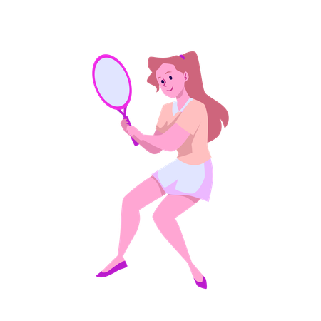 Jeune belle fille aux cheveux longs joueuse de tennis avec une raquette à la main  Illustration