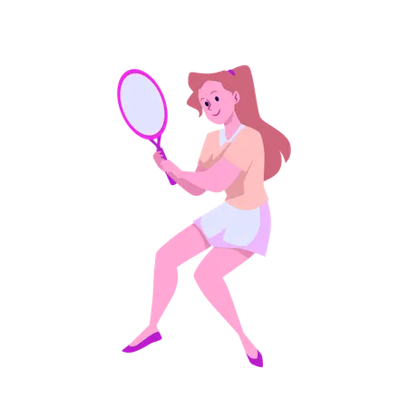 Jeune belle fille aux cheveux longs joueuse de tennis avec une raquette à la main  Illustration