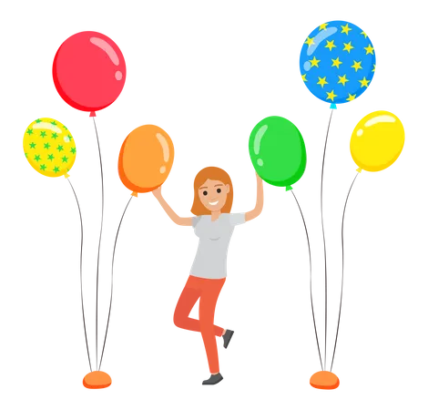 Jeune belle fille dansant entre des ballons  Illustration