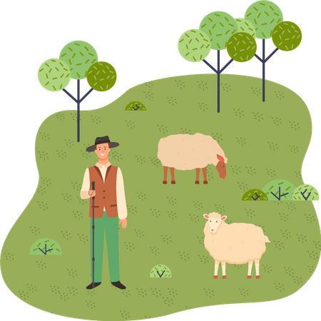 Un jeune berger fait paître des moutons dans un parc  Illustration