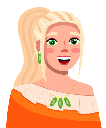Jeune femme blonde souriante porte un tissu orange avec des accessoires verts en queue de cheval  Illustration