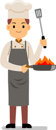 Jeune chef cuisinant dans une poêle à frire  Illustration