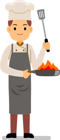 Jeune chef cuisinant dans une poêle à frire  Illustration